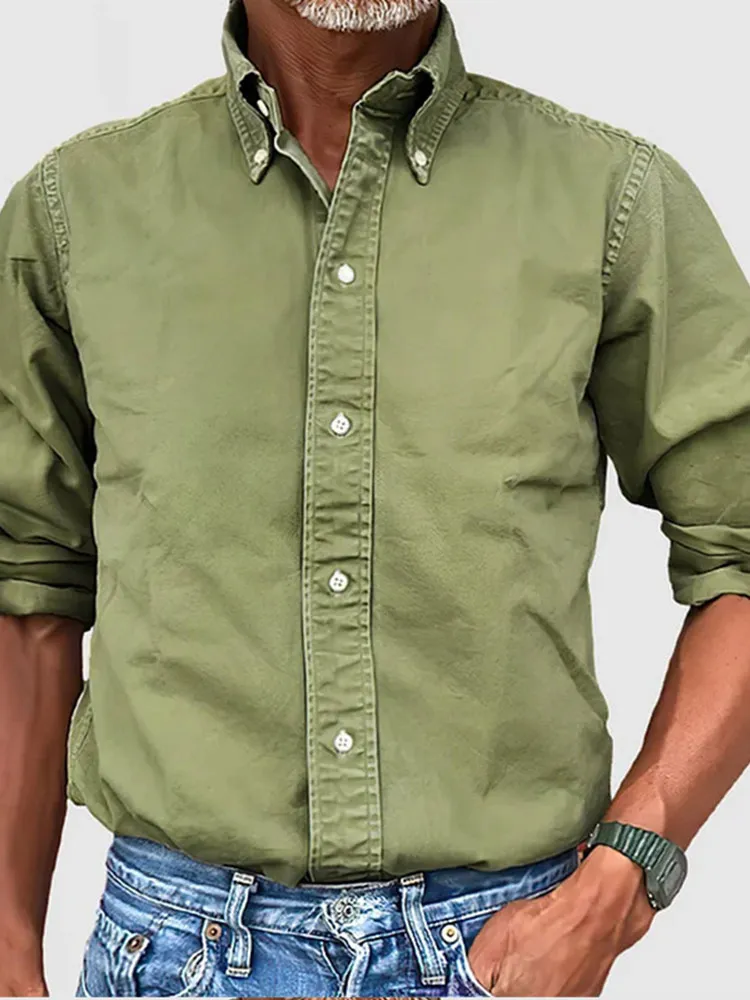 

Мужская Однотонная рубашка на пуговицах, Повседневная деловая рубашка с универсальным воротником, модный однобортный деловой топ с длинными рукавами, 2024