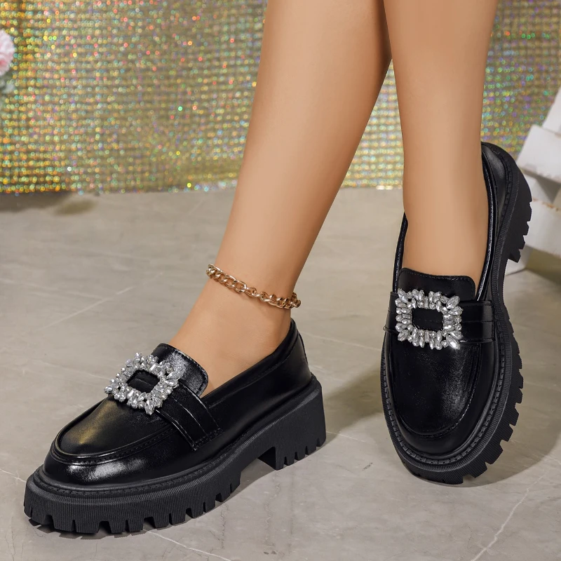 Brand Rhinestone Buckle Shoes Ladies New Thicken Soled Flats Japanned Leather O…