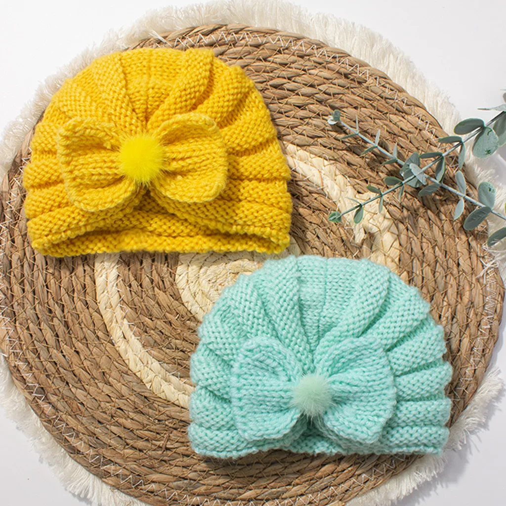

New Baby Fetal Cap 0-12M Cute Bow Hair Ball Decoration Infant Knit Hat Solid Color Toddler Hair Accessory