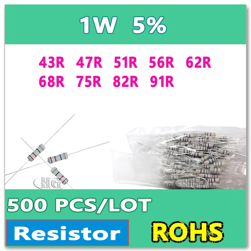 JASNPROSMA-Résistance DIP OHM, film de carbone, 500 pièces/uno 5% 1W 43R 47R laqué R 56R alimenté R 68R 75R 82R rapports R