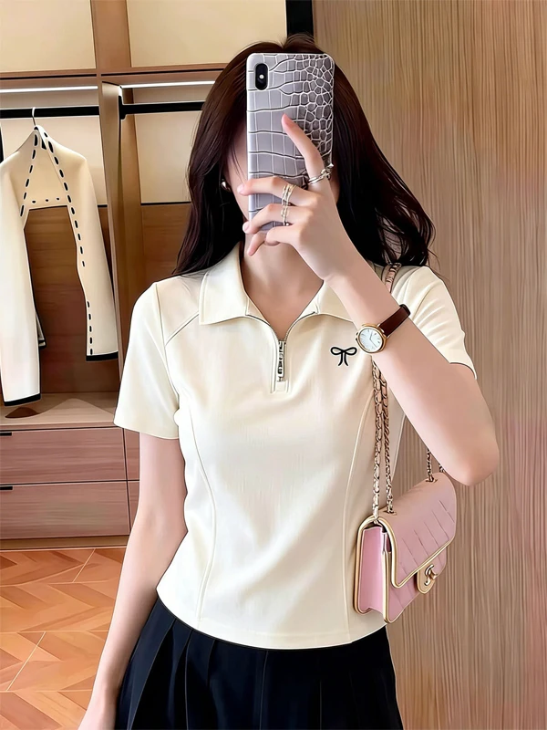

Casual Style Half Zip Short Sleeve T-Shirt Women's White Knot Design Commute Casual Top New Summer 2026 Fashion