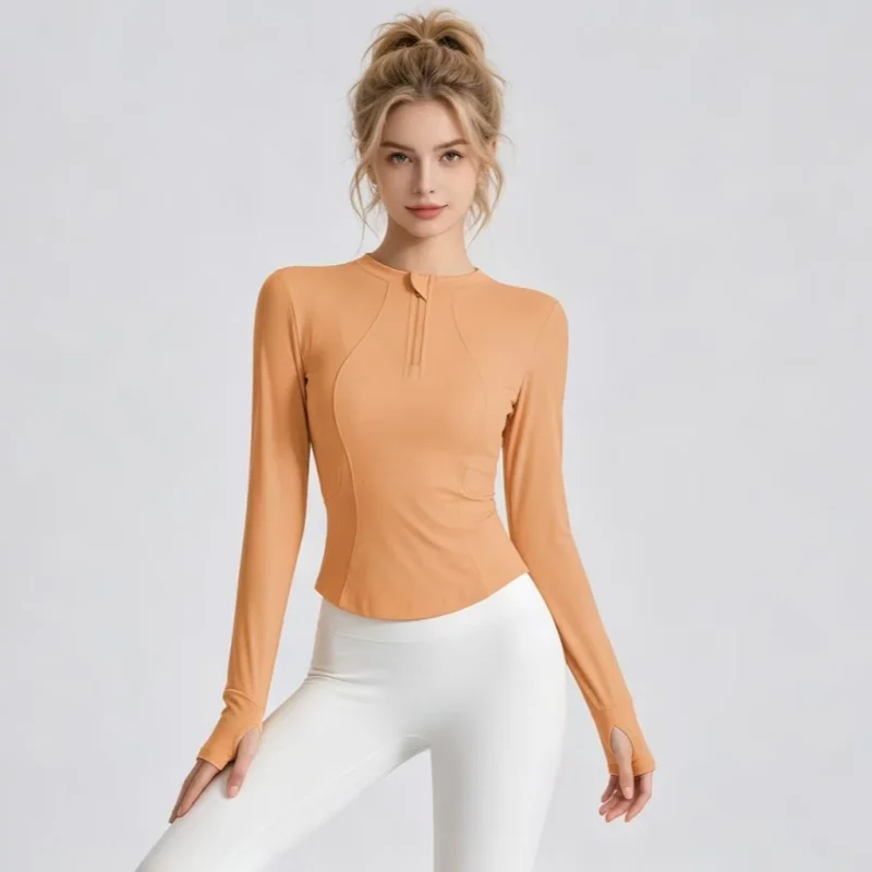 Women Stand Collar Half Zip Long Sleeve Yoga Shirt Slim Breathable Thumb Cuff Sports Top Gym Running Pilates Daily Active Wear