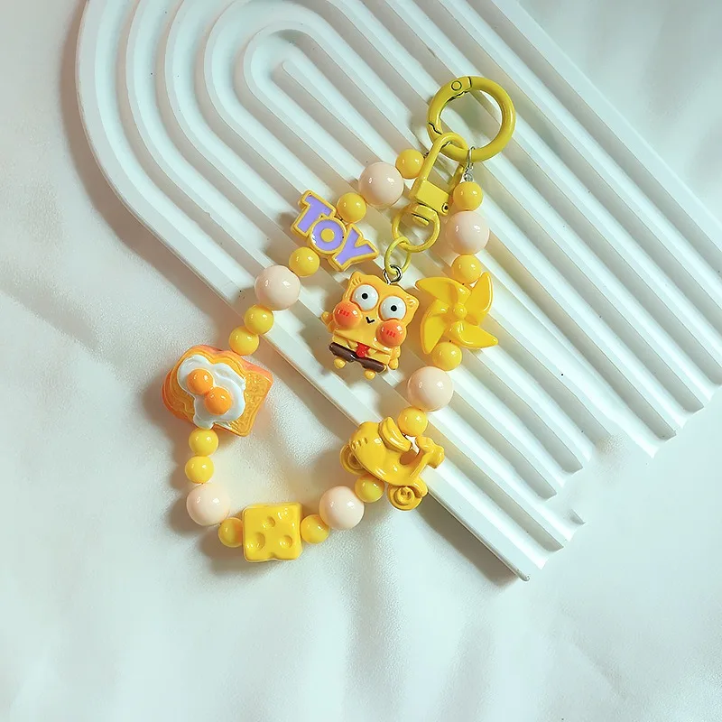 Kawaii SpongeBob Key Chains Cartoon Figure Phone Pendant Decorations Beaded Bracelet Jewelry Keychains Backpack Accessories Gift