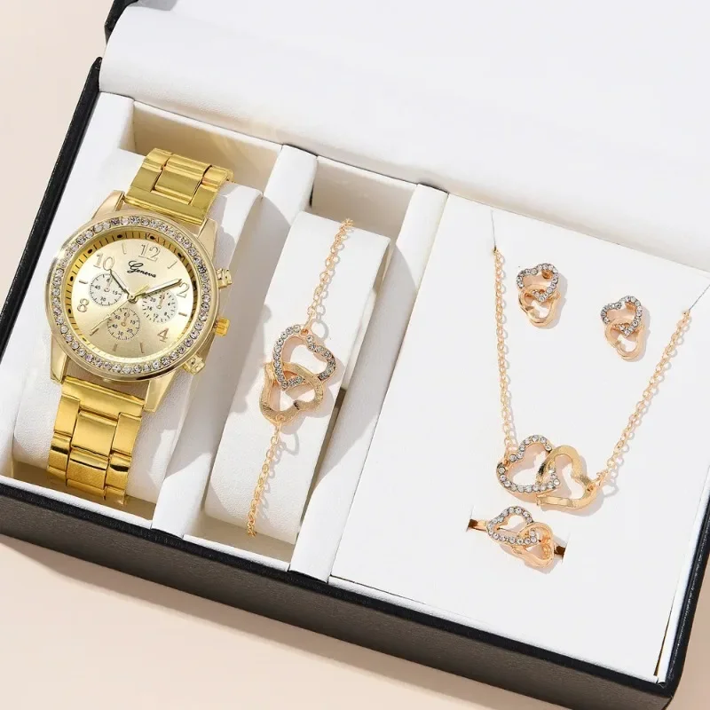 5Pcs/Set Rhinestone Luxury Women Watch Rose Gold Large Numerals Dial Wristwatch Alloy Strap Fashion No Box Ladies Gift Reloj