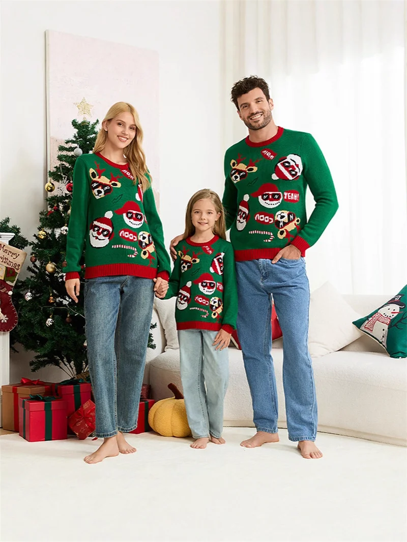 

Christmas Family Matching Sweaters Winter Warm Cartoon Print Family Look Pullover Mom Dad Kids Xmas Knitwear Full Sleeve Jumper