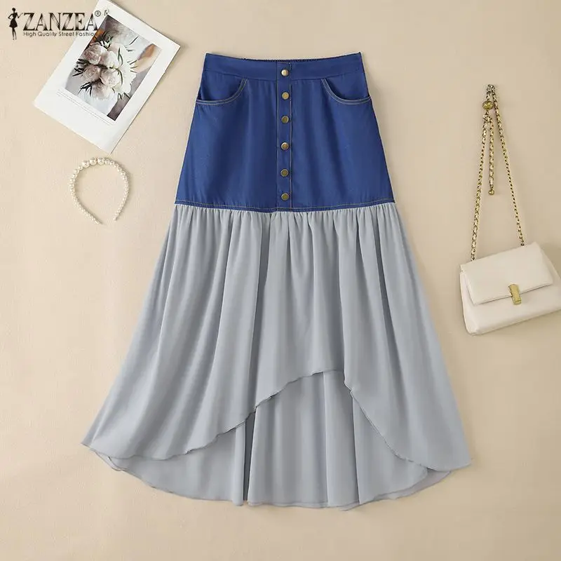 ZANZEA Women Stylish Asymmetrical Overskirt Patchwork Skirt Casual Elastic Waist Baggy Jupe OL Work Faldas Saia Maxi Long Skirt