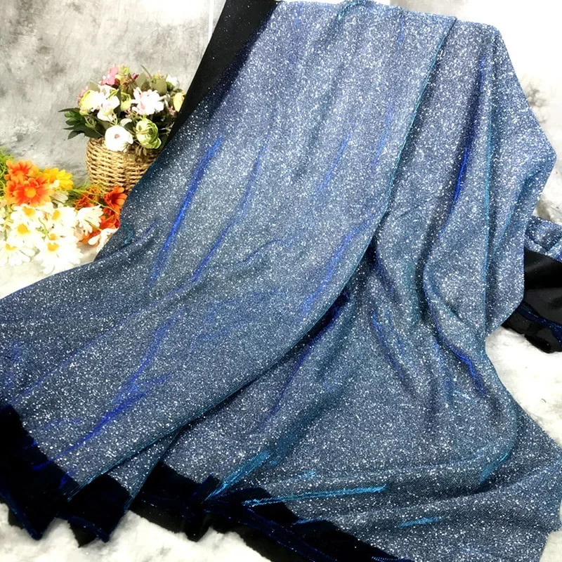 Bule black Stretchy Knitting Fabric Elastic Shine Laser Glitter Illusory Color Fashion Designer Dress, costume fabric