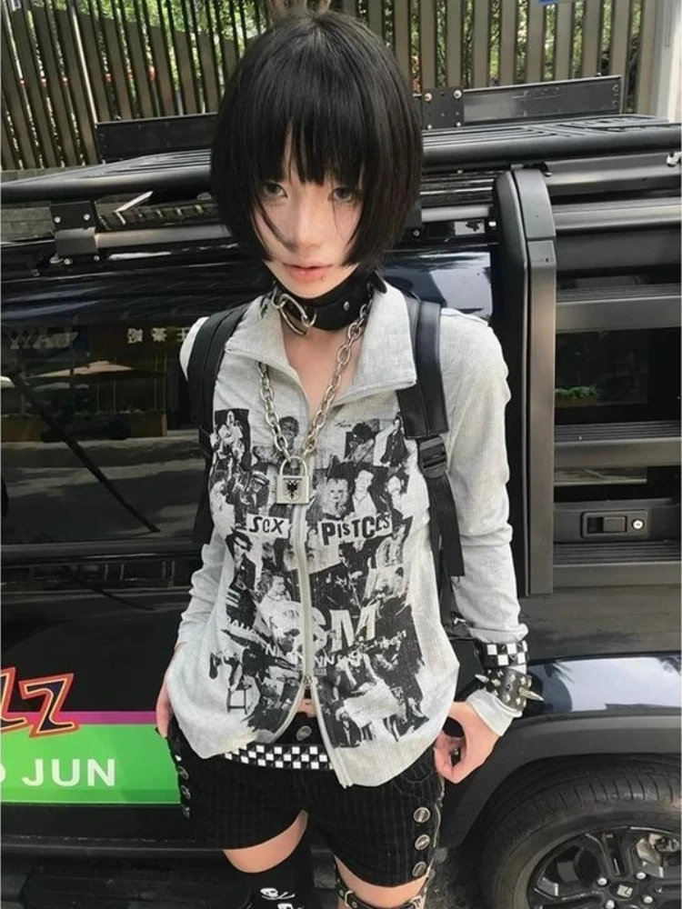 

HOUZHOU Harajuku Grunge Zipper Sweatshirts Vintage Y2k Gothic Print Long Sleeve Tops Punk American Retro Streetwear Sweatshirts