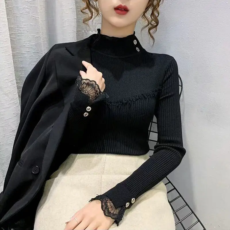 Temperament Lace Patchwork Slim Bottoming Shirt Autumn Winter Elegant Long Sleeve Solid Sweaters Pullovers Fashion Women Clothes