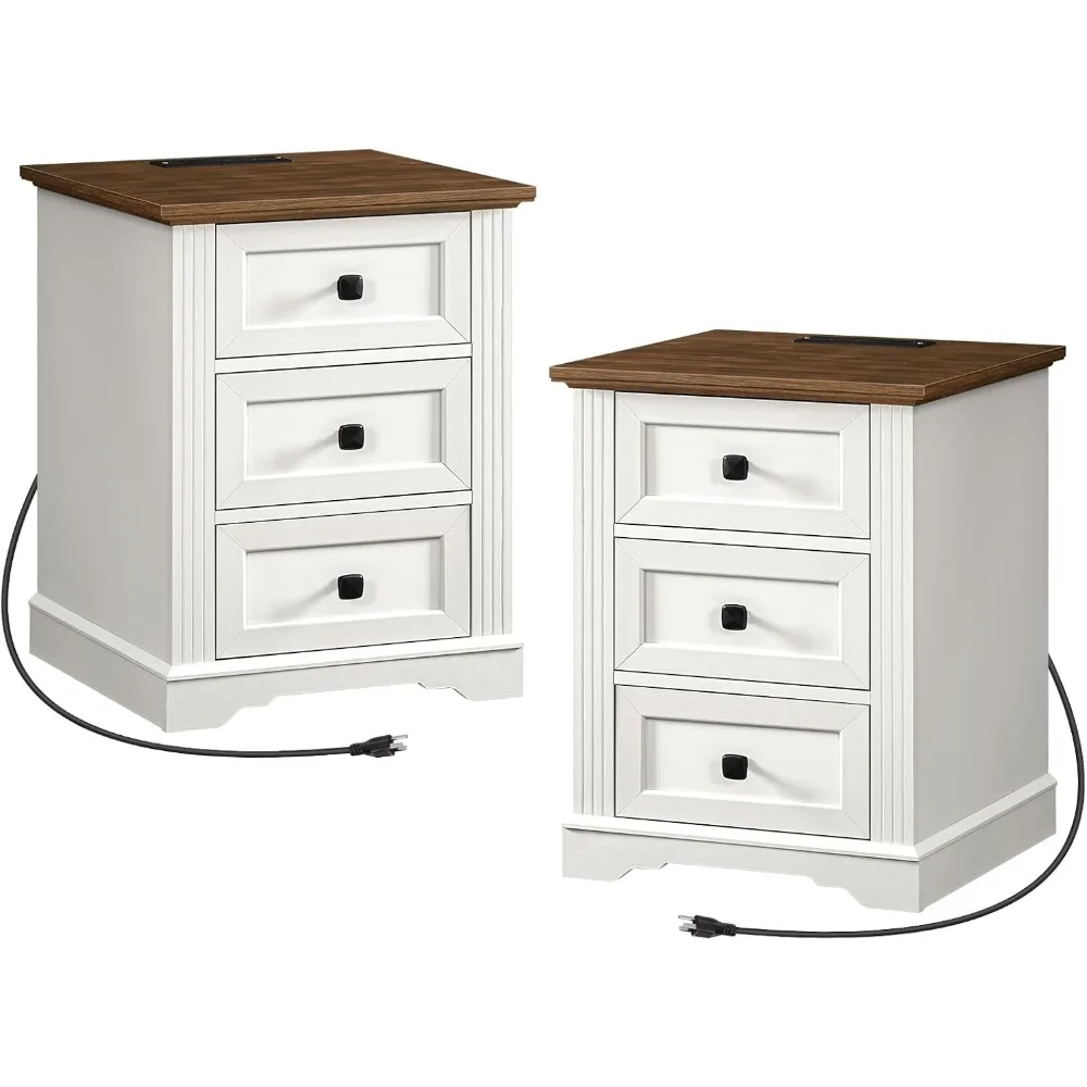 

Nightstand Set of 2, Night Stand with 3 Drawers,18 Inch Wide End Table with Charging Station, Farmhouse Bedside Table, Side Tabl
