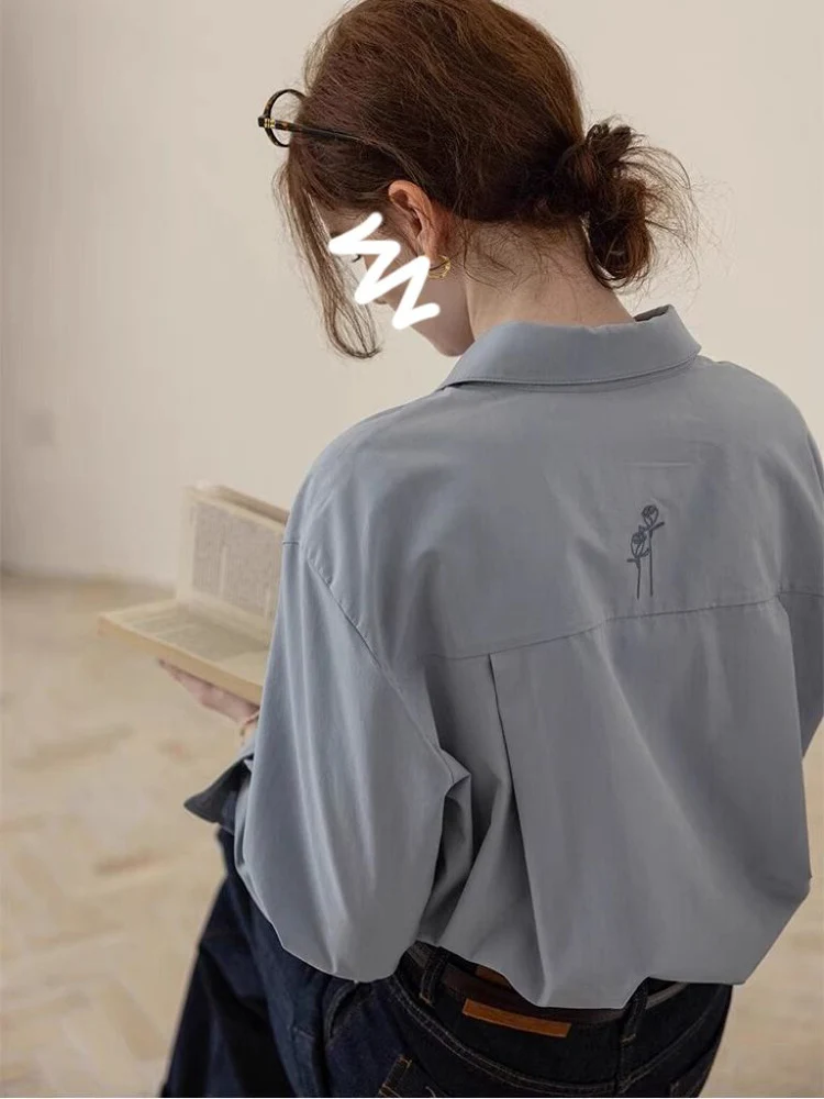 ملابس نسائية مطرزة باللون الأزرق طويلة Sve irt للتنقل Sle Faion Design Ba ملابس ذات طبقات علوية قابلة للتنفس من الجلد...