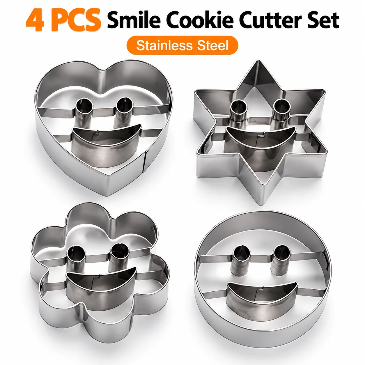 4PCS Fun Face Cookie Cutter Set Food-Grade Stainless Steel Snack Molds for Fruit Sandwich Cheese Biscuit Kids DIY Home Baking