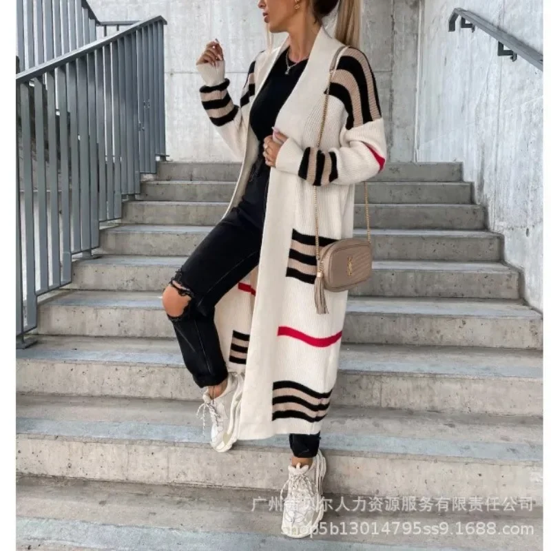 Women Autumn Knitted Long Sweater Y2K INS Clothing Outwear Striped Long Sleeve Open Front Longline Cardigan