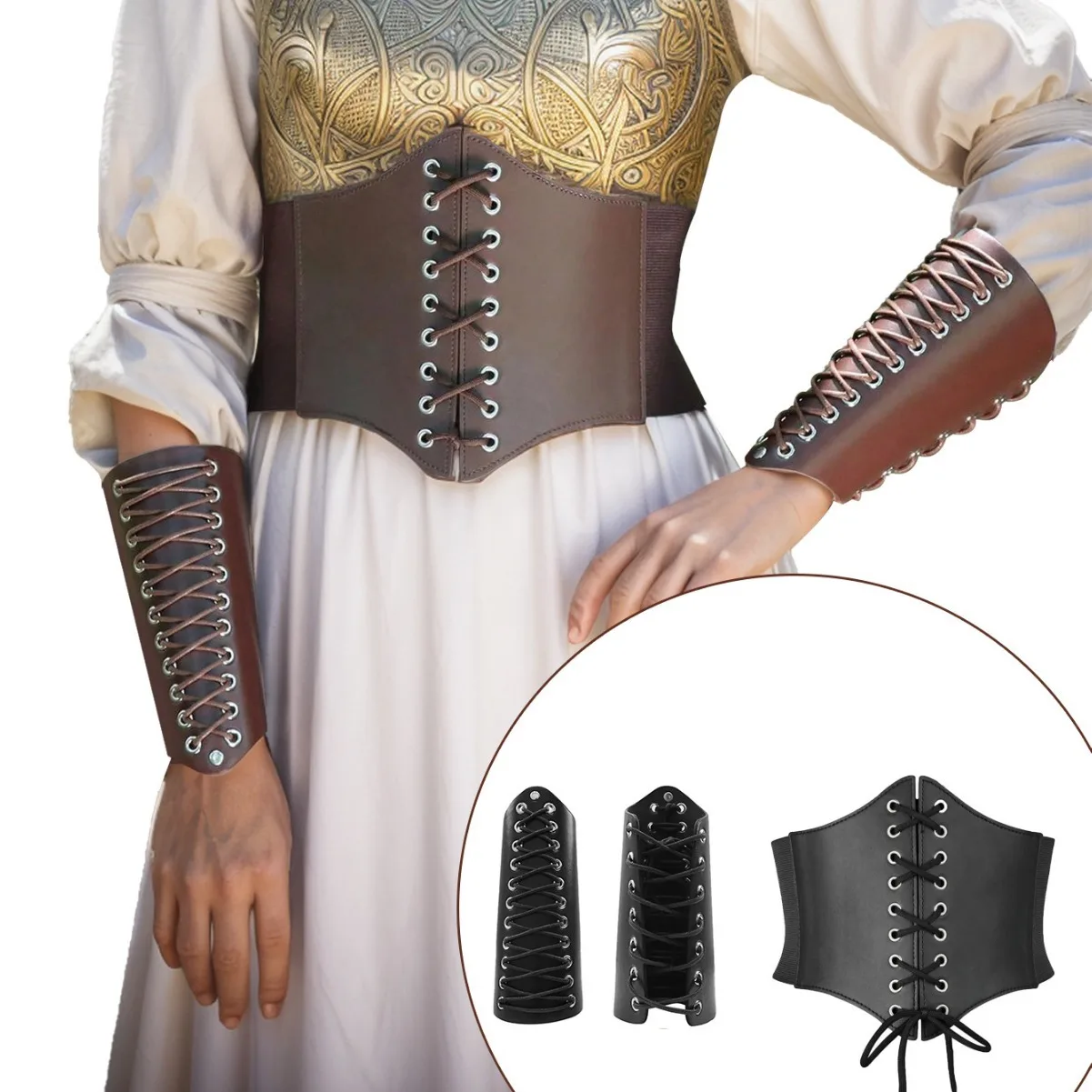 Medieval-Style Women's Vintage Oversized Shaping Waist Cincher and Wrist Guards Set Cosplay Knight Dress Outfit Party Props