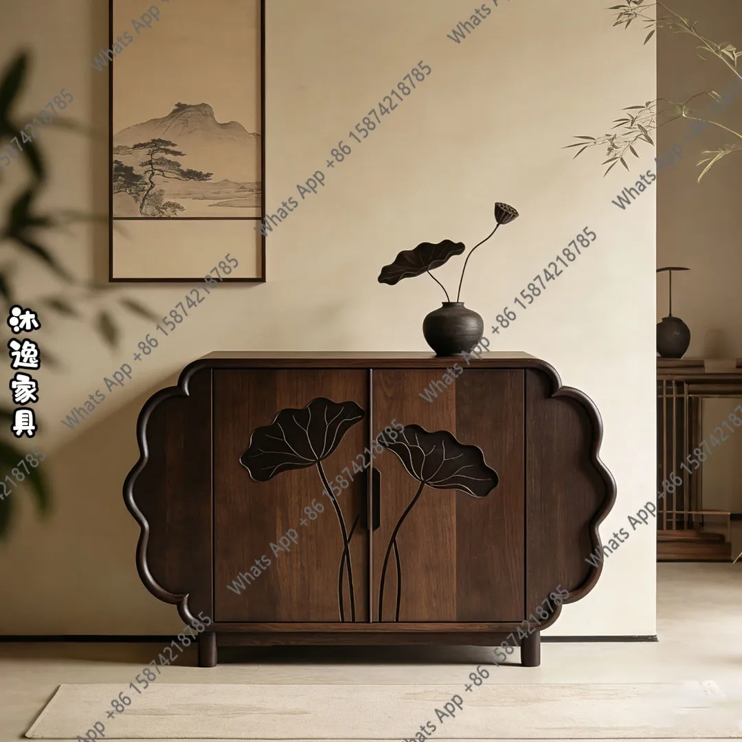 New Chinese-style North American black walnut porch cabinet, Song-style aesthetic zen lotus cabinet, solid wood storage cabinet