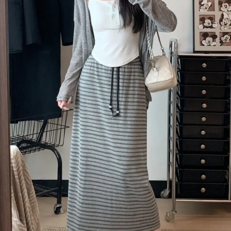 Ladies High Waist Drawstring Loose Striped A-Line Midi Skirt Casual Summer Long SkirtLazy Color Block Half-length Skirt