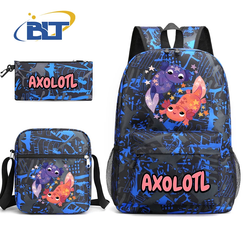 Cute Axolotl printed student school bag set youth backpack shoulder bag pencil case 3-piece set kids back-to-school gift