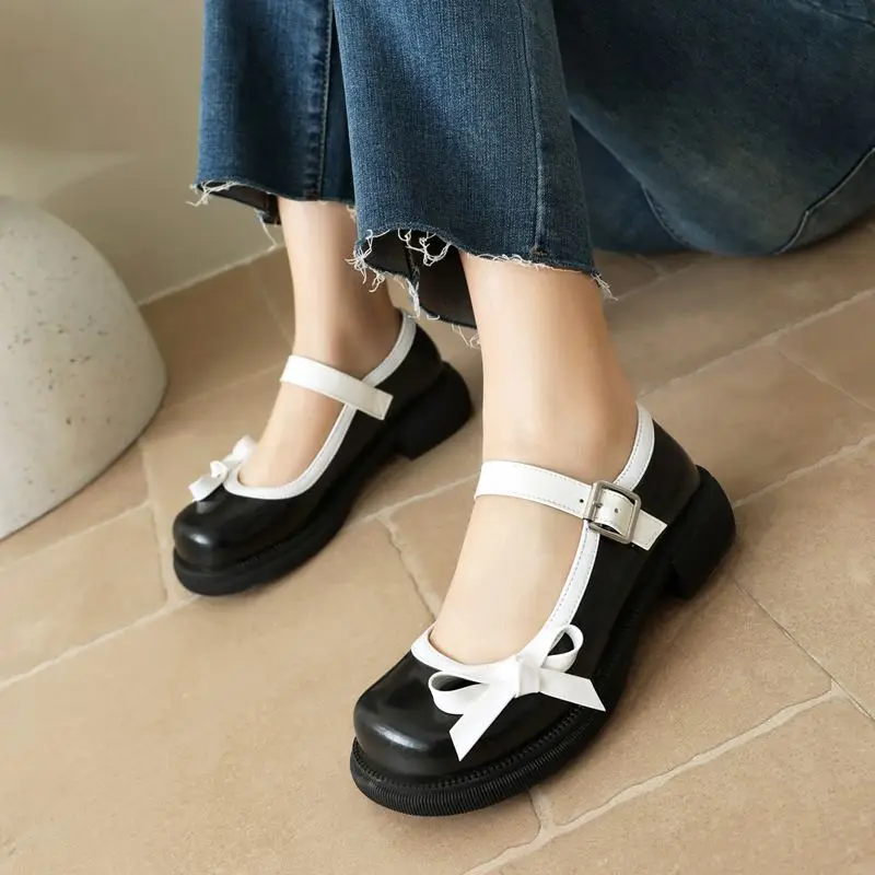 REAVE CAT Janes Girls Pumps Round Toe Block Heels Buckle Strap Bowknot Big Size 42 43 Sweet Daily Women Soft Shoes Spring