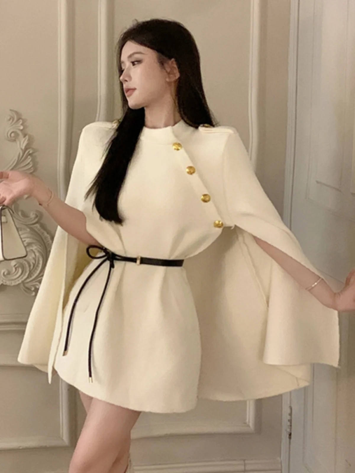 2023 New Women's Tweed Coat Long Lazy Style Cloak Coat Korean Version round Neck Single Button Pure Color Autumn Winter Coat