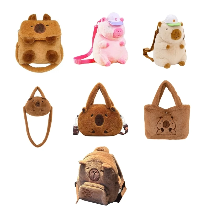 Cartoon Capybara Plush Backpack with Multifunction Compartments for Teens Adults Animal Dolls Shoulder Handbag