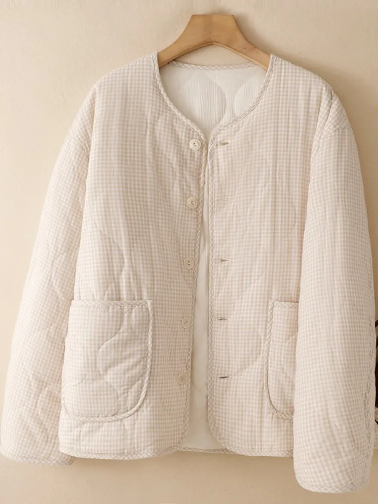 High-End Simple round Neck Home Cotton Jacket Women Winter Thickened Loose Versatile Cotton Coat Warm Long Sleeve Short Style