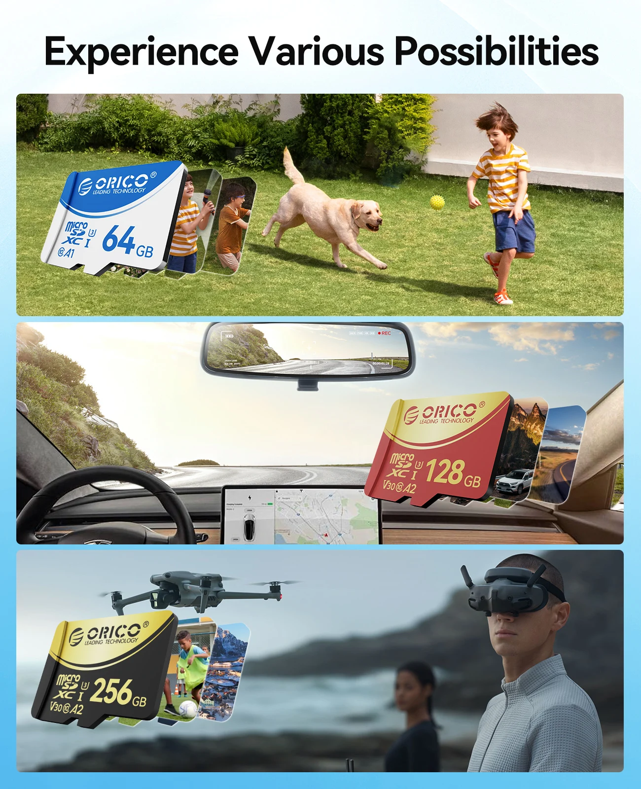 ORICO Original Speicherkarten 16 GB 32 GB 64 GB 128 GB TF-Speicherkarte A1 U3 Class10 V10 für Kamera/Drohne/Dash Cam High-Speed-SD-Karte