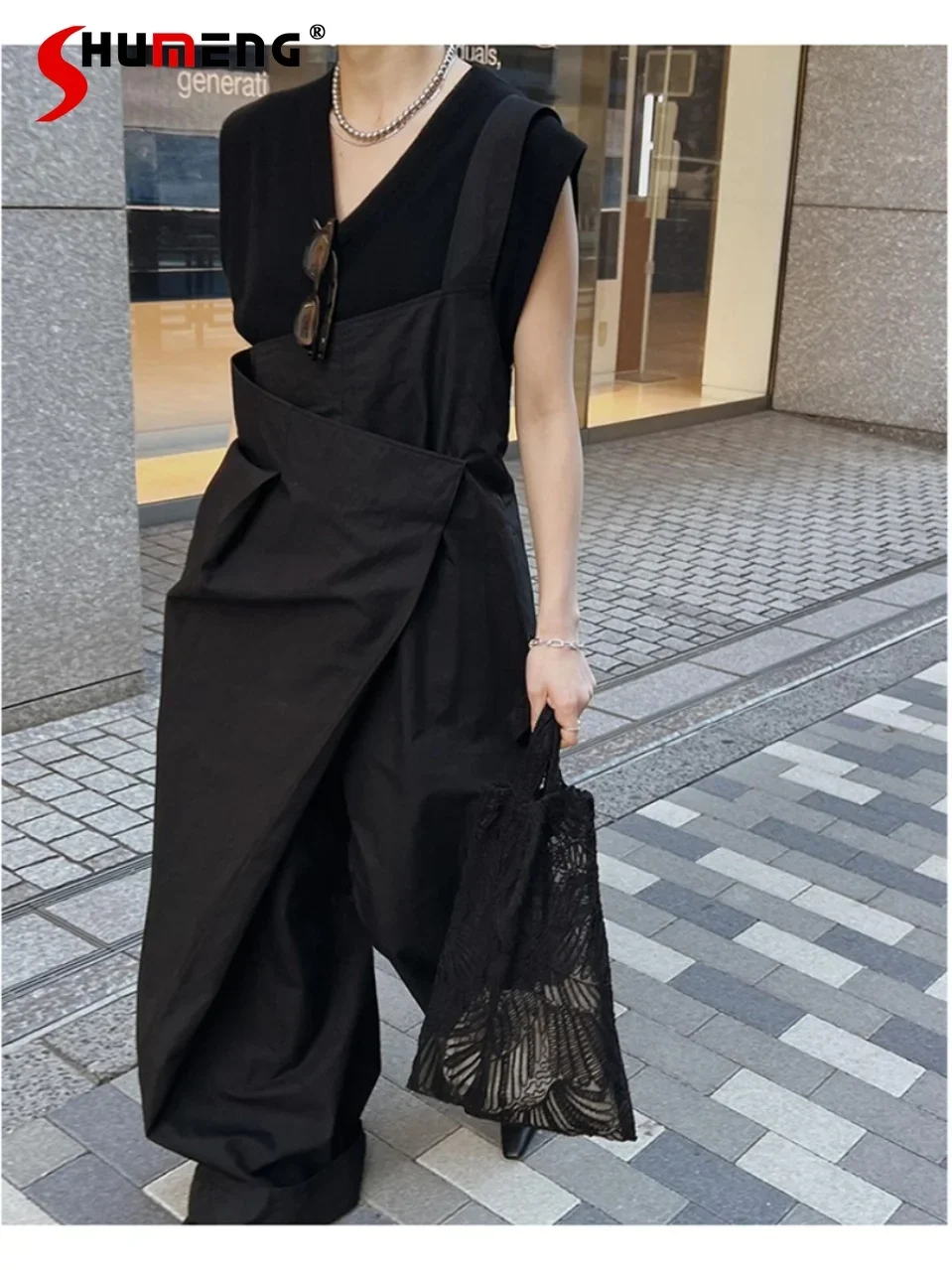 Spring Autumn Design Asymmetrical Casual Trousers Japanese Style Simple White Trousers Women High Waist Loose Wide-leg Pants