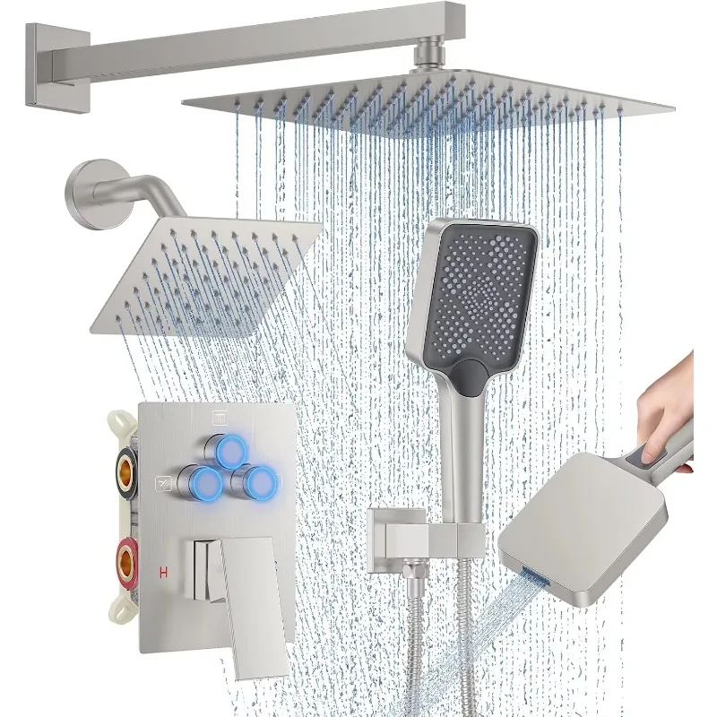 

10-дюймовая настенная душевая система с дождевой насадкой, многофункциональная 2-дождевая насадка для душа, кнопочный переключатель, ручной комплект отделки, матовый смеситель