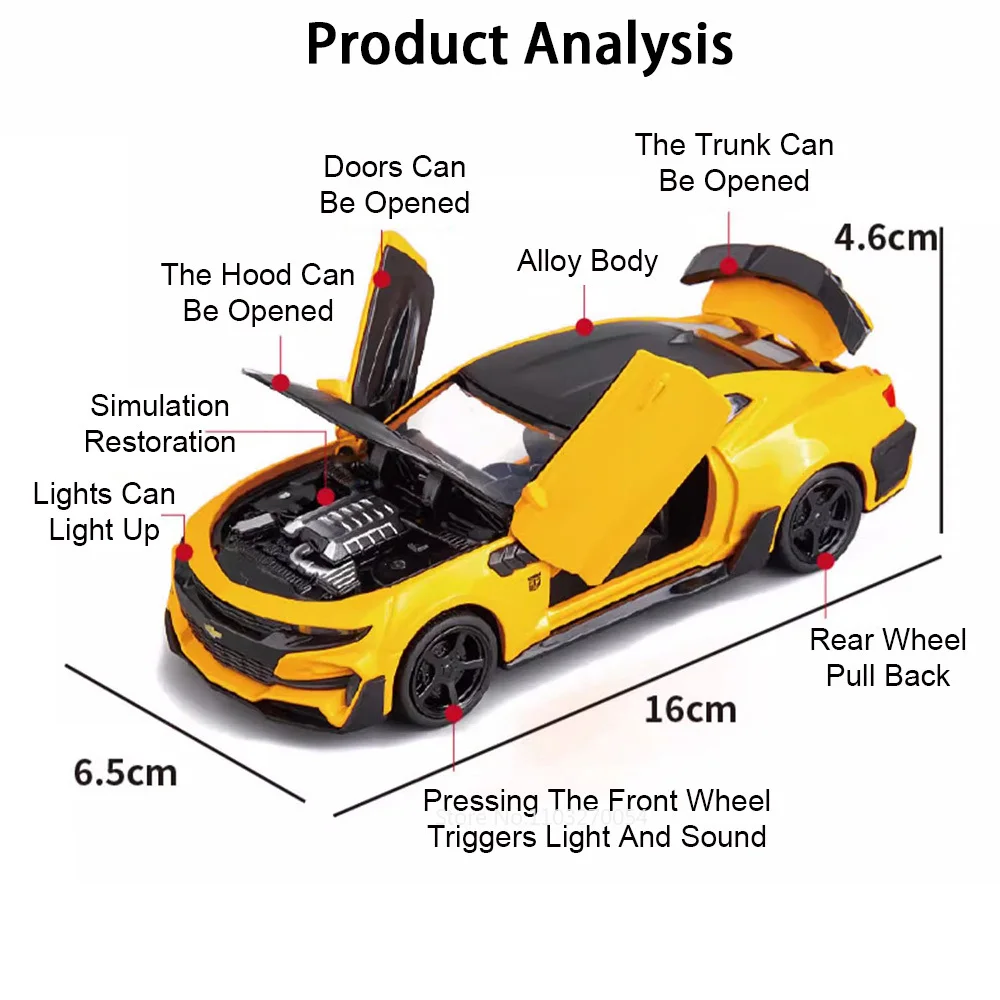Camaro SS a escala 1:32, modelos fundidos a presión, juguetes en miniatura, coches de aleación, sonido, luz, tirar hacia atrás, 4 puertas, vehículos abiertos, decoración del hogar