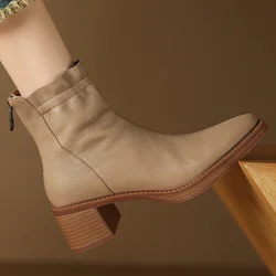 Women's sheepskin 5cm thick med heel pointed toe back zip autumn ankle boots elegant ladies daily dress short boots shoes woman