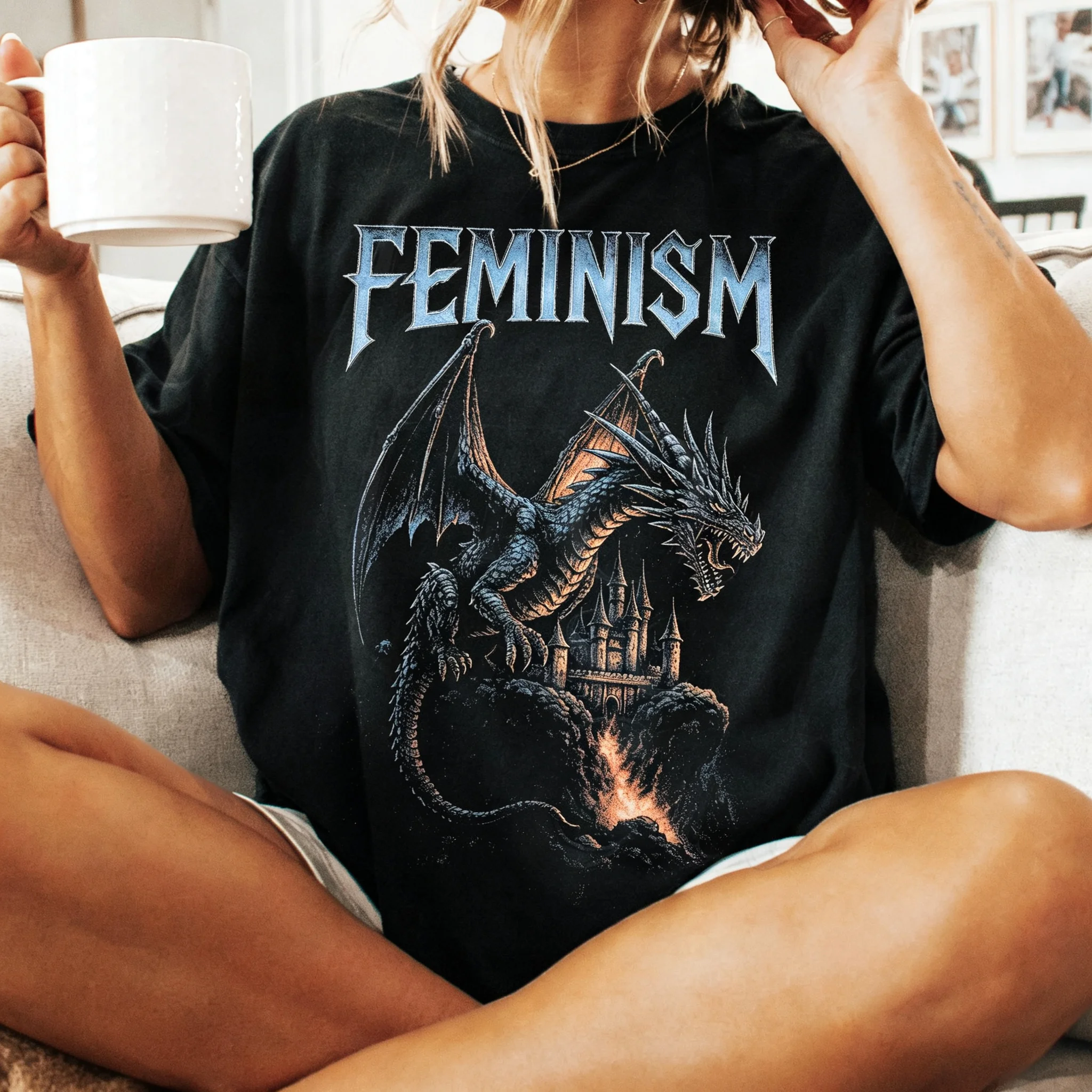 Feminism Dragon T Shirt Gothic Fantasy Castle Graphic Tee Feminist Empowerment Retro Vintage Acid Wash  Aesthetic Unisex Tshirt