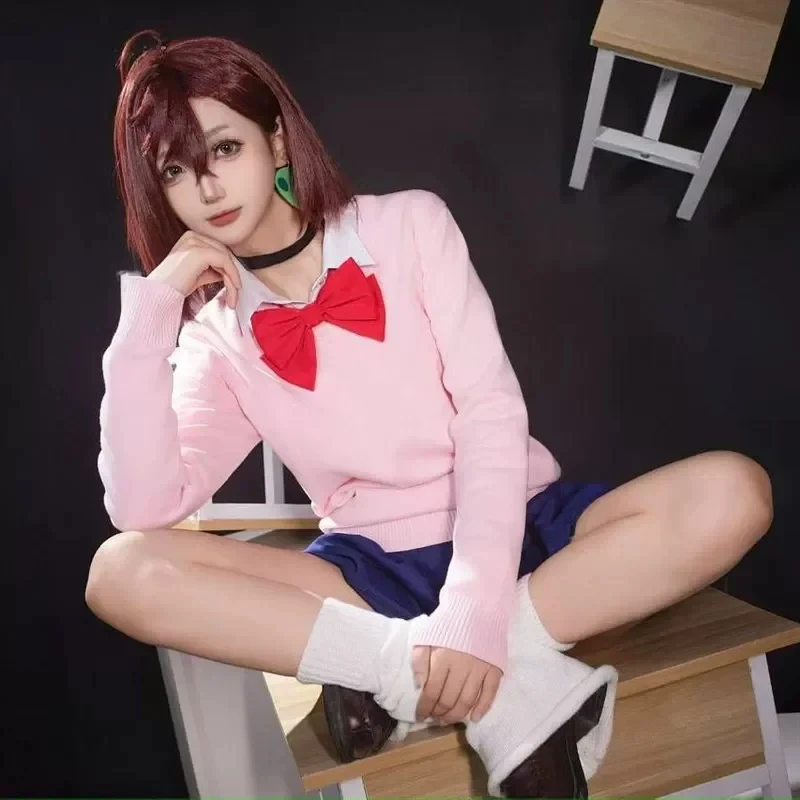 Disfraz de Momo Ayase de Dandadan, uniforme escolar japonés, top de punto rosa, corbata de lazo roja, conjunto completo para fiesta de cosplay, [6jh]