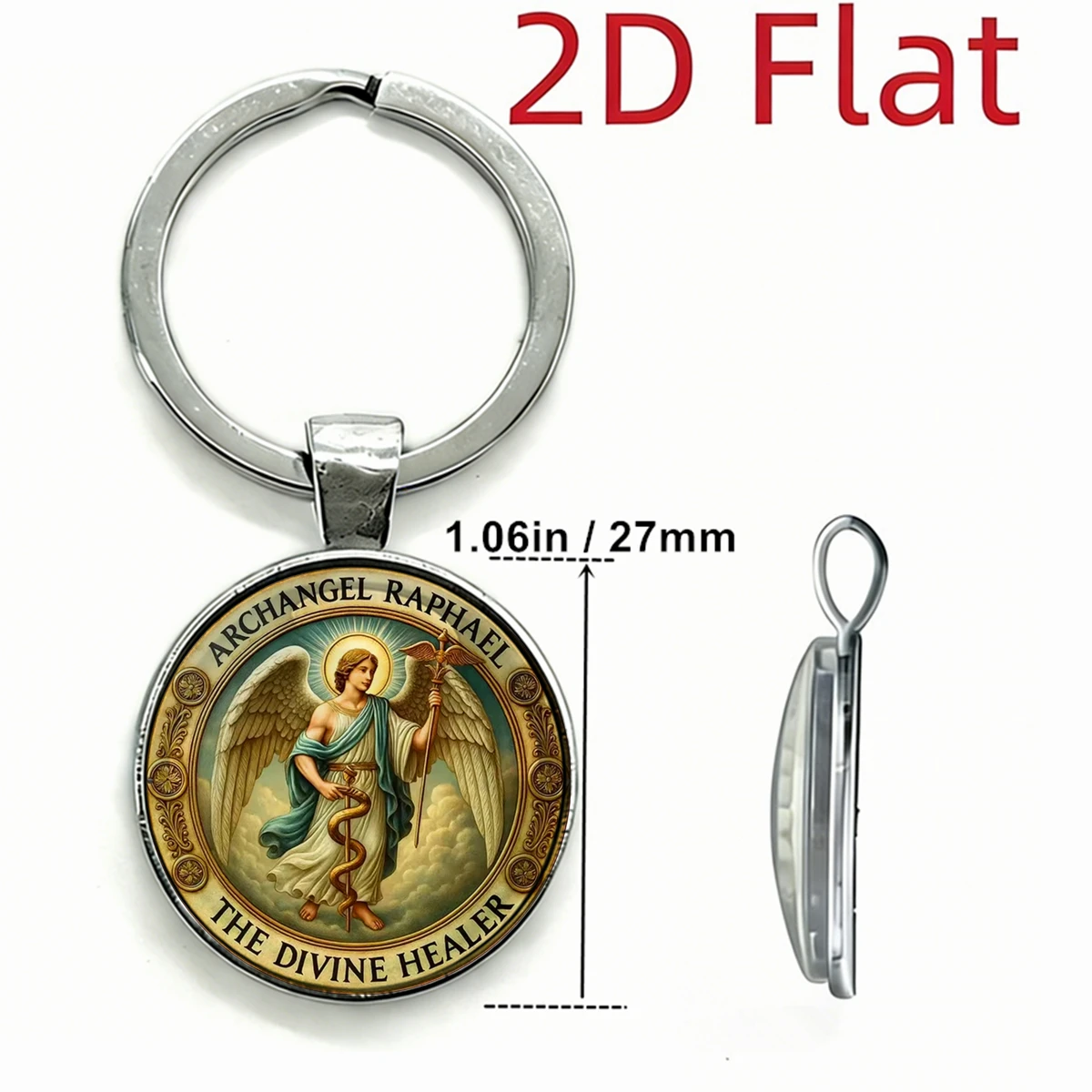 1Pc Archangel Raphael The Divine Healer Keychain Glass Dome 2D Metal Key Ring Religious Catholic Faith Bag Pendant Keyring