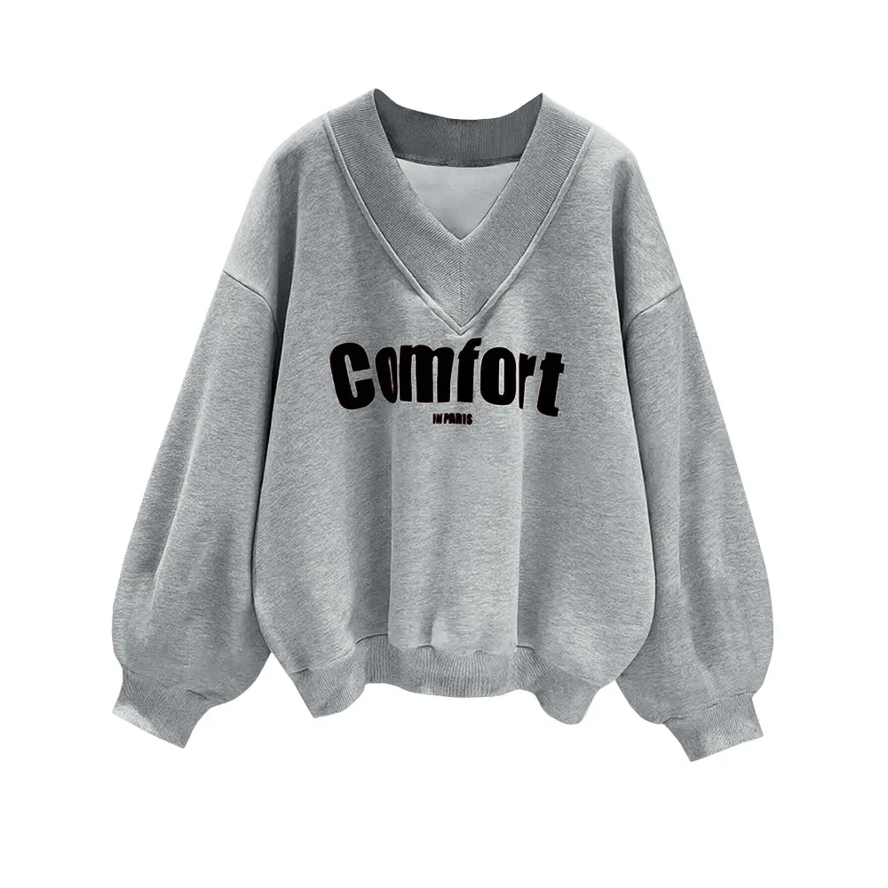 CPSYMYM Dames Sweatshirts Winter Casual Winter Letter Afdrukken Drop-Schouder Mouw V-hals Dagelijkse Sweatshirts