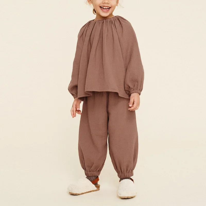 Childrens Sets Cloth Cotton Autumn New Two Pieces Round Neck Long Sleeves Tops Trousers Simple 2024 Round Collar Soild