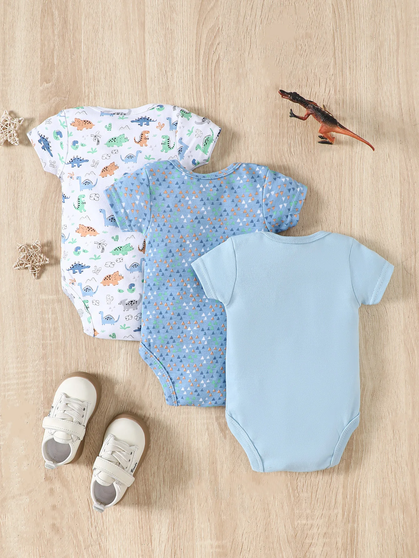 3PCS Summer Baby Short Sleeve Triangle jumpsuit Cartoon Dinosaur Pattern and Triangle Pattern jumpsuit 0-9 Months Boys\' jumpsuit