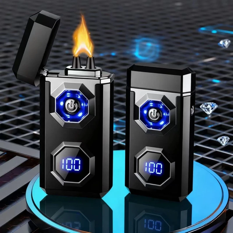 2026 New Big Flame Electric Arc Metal Lighter Windproof LED Lighting Power Display Ignition Display Fast Charge Ignition Gadgets