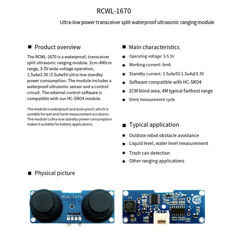 ABGN 2 ชิ้น RCWL-1670 กันน้ํา Transceiver แยกอัลตราโซนิกโมดูล 2 เซนติเมตร - 400 เซนติเมตรระยะทางสําหรับวัดระดับน้ํา