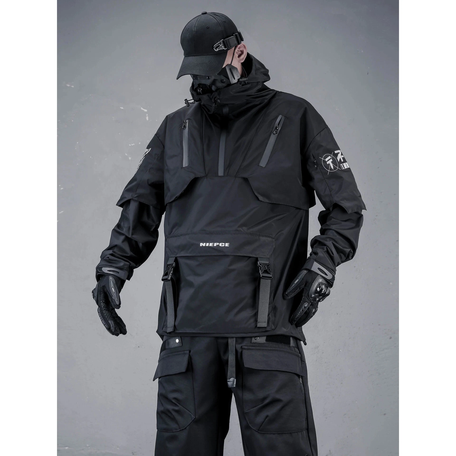 2026 Men Tactical Jackets Techwear Functional Pullover Windbreaker Hooded Coats Hip Hop Streetwear Multi Pockets Clothes Black