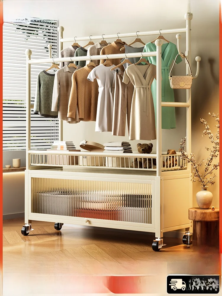 

Double Rod Clothes Drng Ra Mobile Storage Cabinet Wardrobe Clothes Hanger for Bedroom Balcony Dustproof Multi-functional