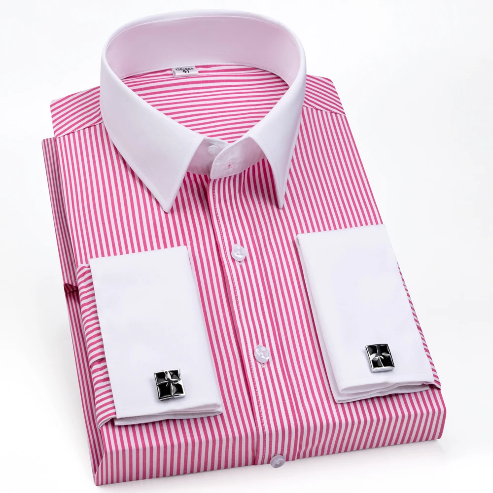 Men's Formal Long Sleeve Striped Shirt with French Cuffs & Contrast Spread Collar, Suitable for Business Wedding, All Seasons