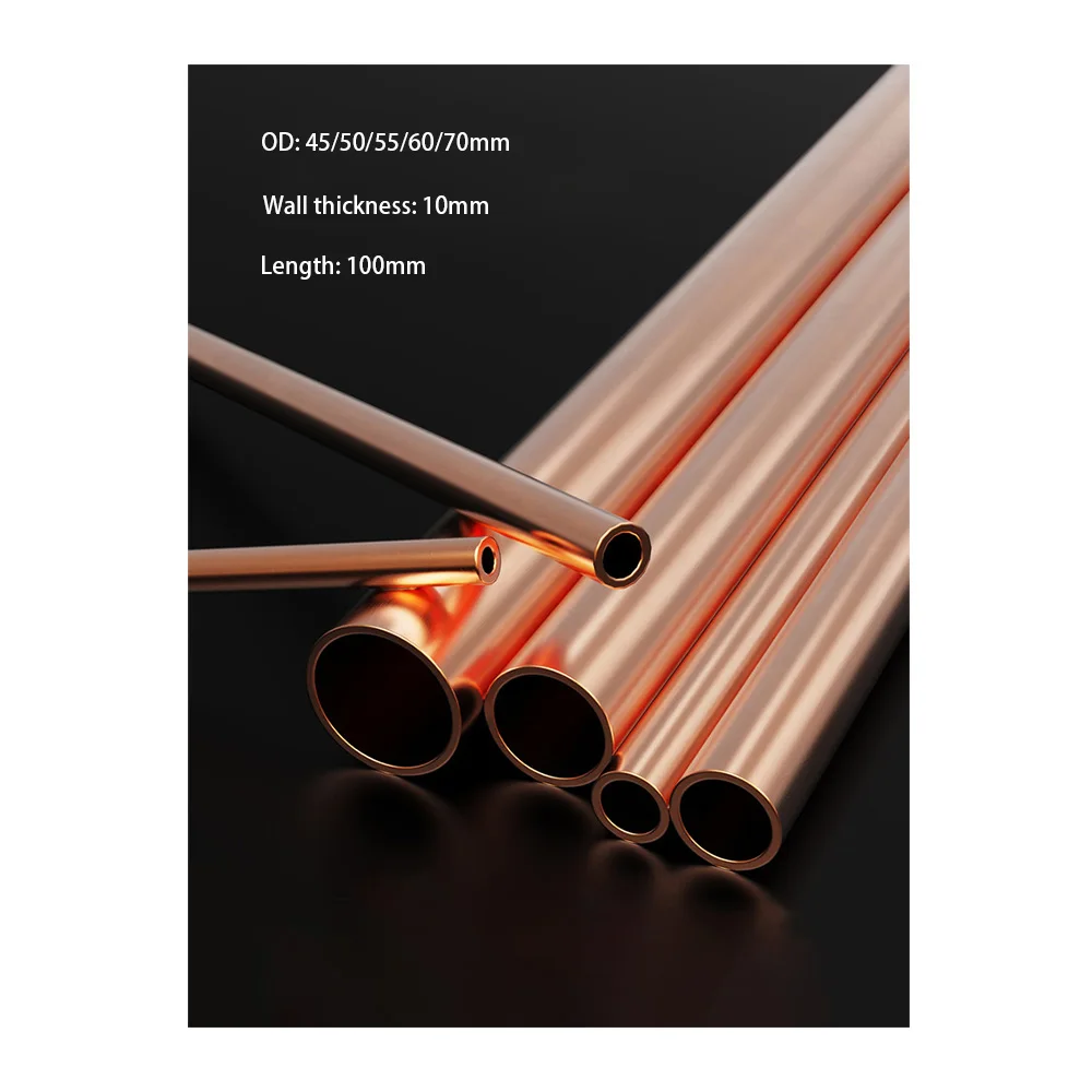 OD 45 50 55 60 70mm T2 Micro Copper Tube Length 100mm Thin Wall Hollow Capillary Hard Straight Copper Pipe Wall Thickness 10mm