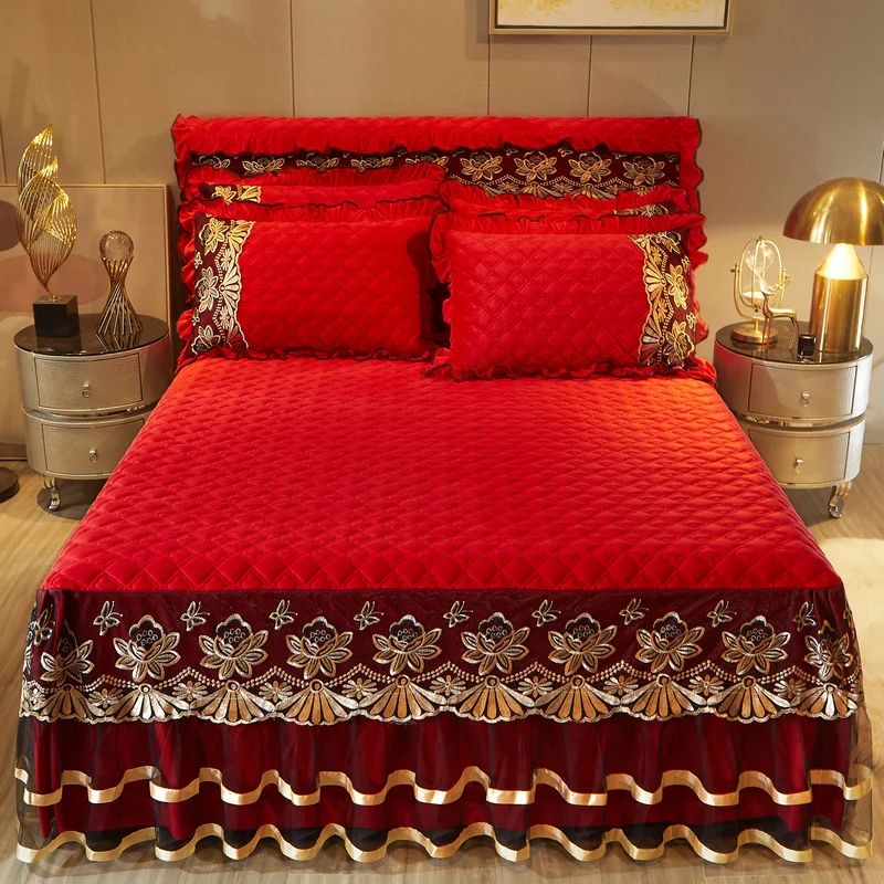 Luxury Embroidery Thicken Velvet Bedspread Wedding Gifts Bed Sheet Bed Cover Blanket King Queen Double Bed Skirt Pillowcases #/