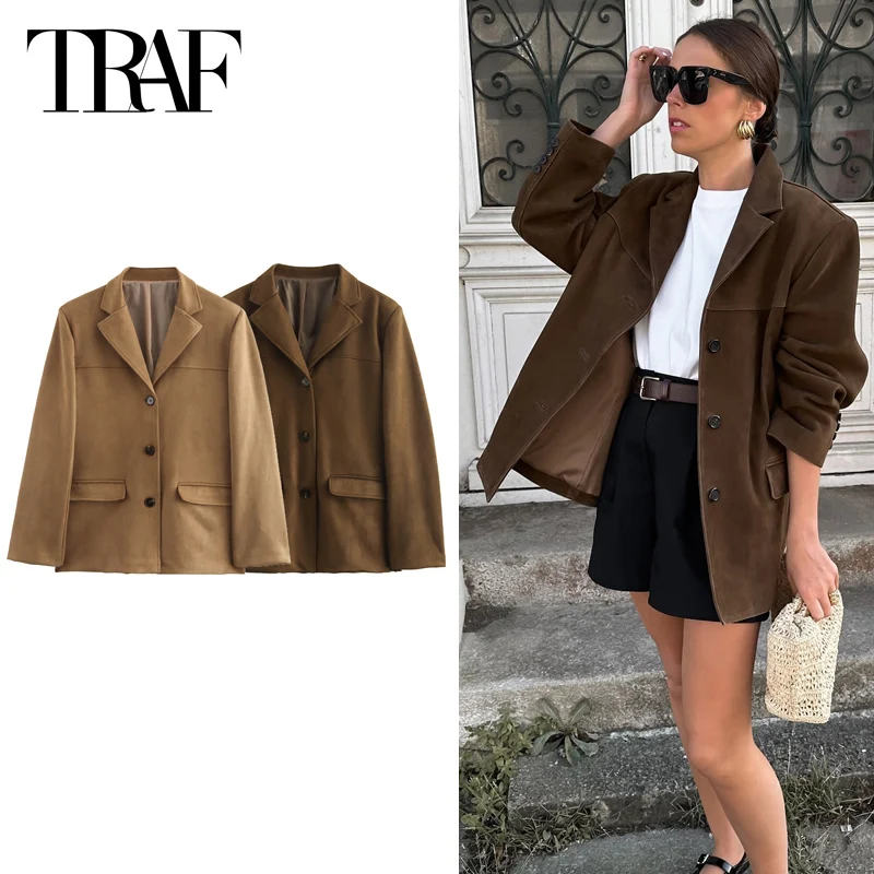 TRAF Women\'s Blazers Suede Jacket For Women Office Wear Outerwears Long Sleeve Button Up Blazer High Quality Women\'s Blazer 2024