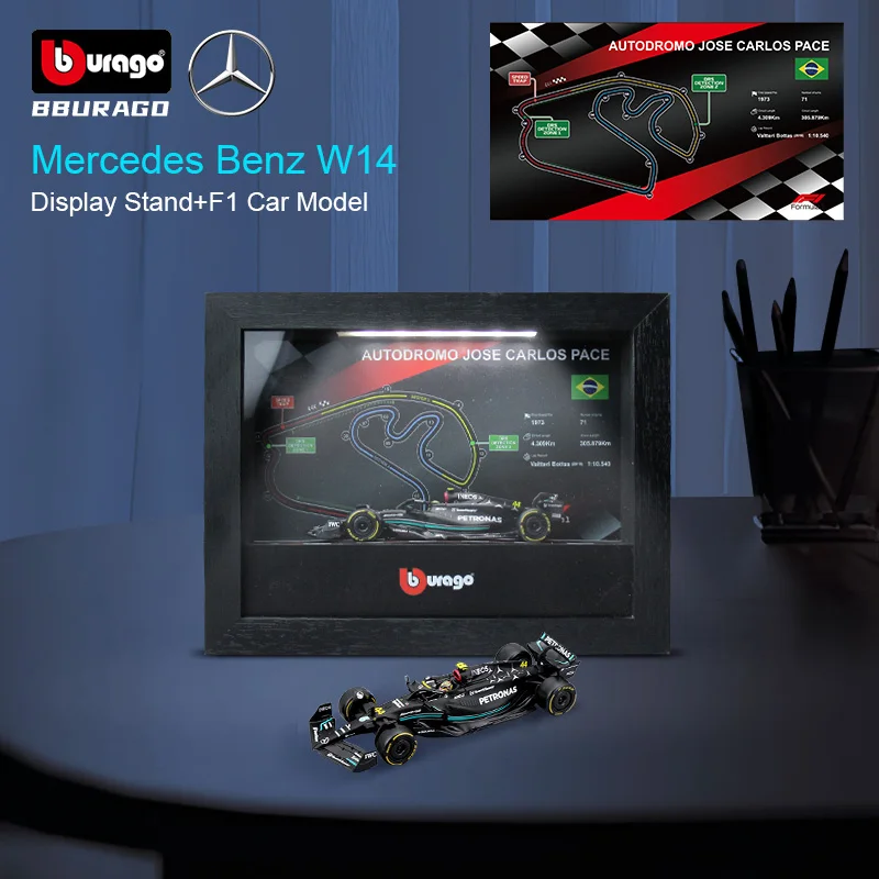 

Bburago 1:43 Mercedes-AMG W14 #44 Lewis Hamilton Formula Model Car Photo Frame Version With LED Light Brasil Circuit Collection