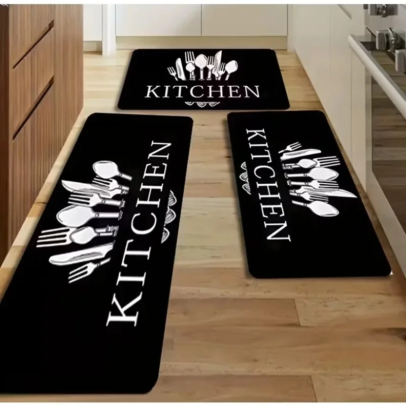 VIKAMA Non Slip Kitchen Long Floor Mat, Fork Spoon Knife Pattern Runner Rug, Washable Carpet for Kitchen Home Decoration