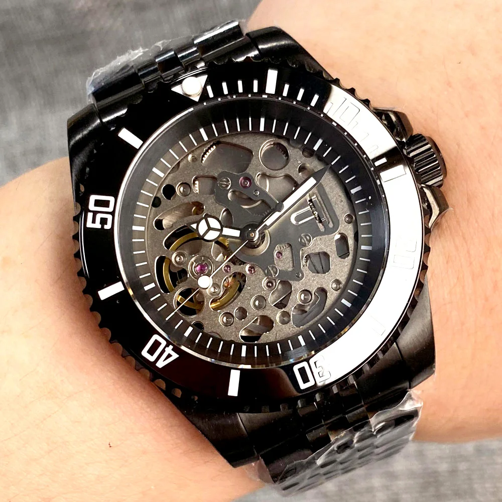 NH70 Diver Mechanical Watch for Men Hollow Out Movement Black SUB Wristwatches Sapphire Crystal 904L Bracelet  120 clicks