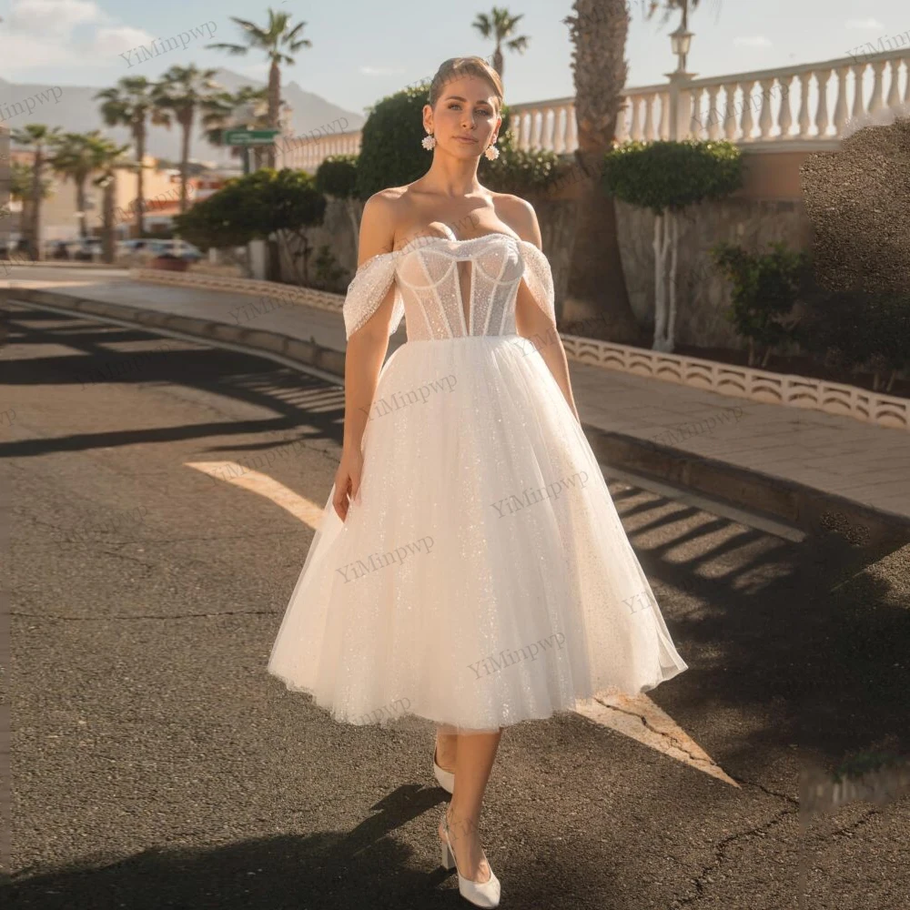 

Shiny Midi Wedding Dresses Backless Off Shoulder Elopement Bride Gowns A-Line Civil Glitter Tulle Robe De Mariee Customized