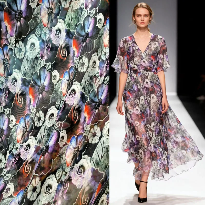 

Pure Mulberry Silk Chiffon Fabrics Purple Flowers Print Silk Fabric Material Textile Women Dress Scarf Cloth Metre Wholesale