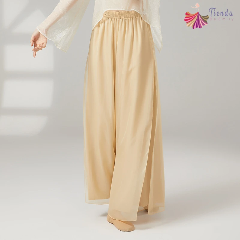 Klassieke dansbroek Dames Loose Fit Dubbellaags Zijsplit Chiffon Broek Wijde pijpen Broek Toneelkostuums Casual Lounge Wear